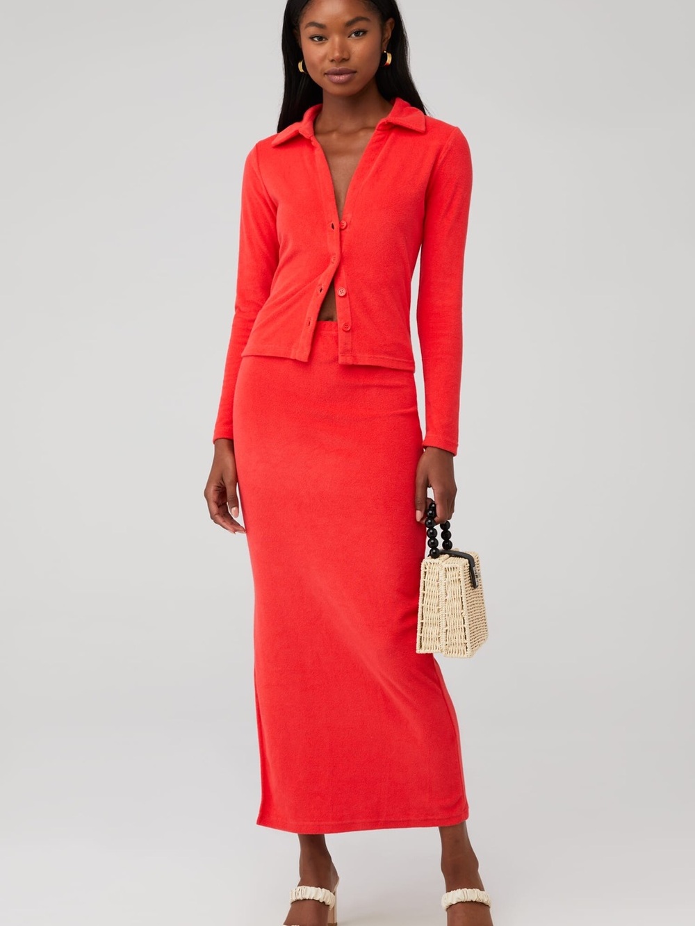 Bailey button down terry top and column Maxi Skirt Set